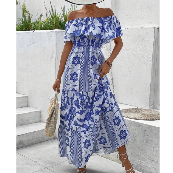 Boho Floral Tropical Print Off Shoulder Maxi Dress - Picture 2 of 5